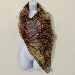 Khadely Metallic Gold Striped Multicolor Floral Motif Rectangular Scarf 70x31